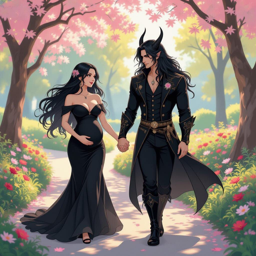 Gothic Couple Stroll Through Vibrant Art Nouveau Park