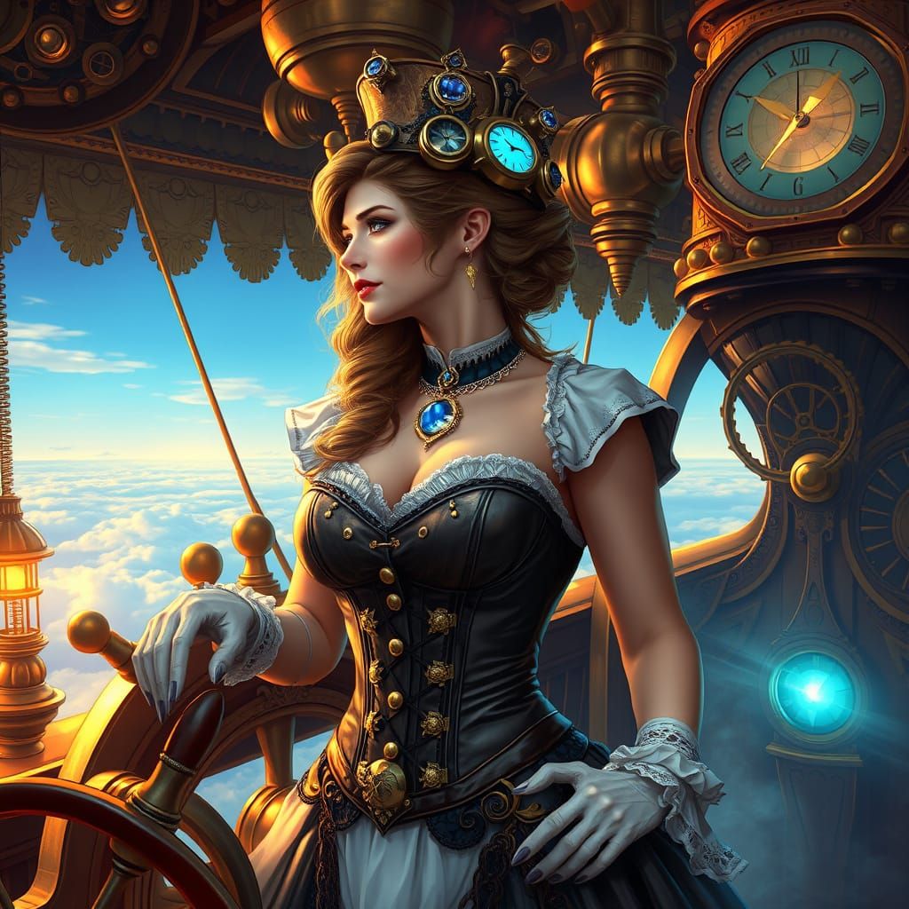 Steampunk Woman Commands Airship with Brass and Gears