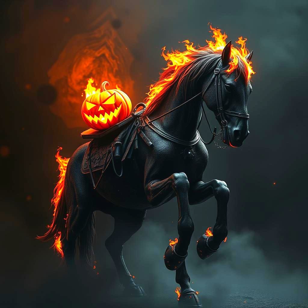 Eerie Horse Portrait with Glowing Jack-o'-Lantern in CGI Sty...
