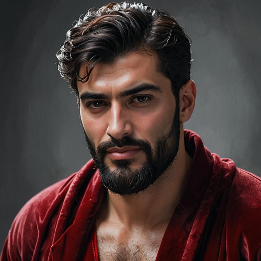 Elegant Man in Red Velvet Robe as Impasto Painting