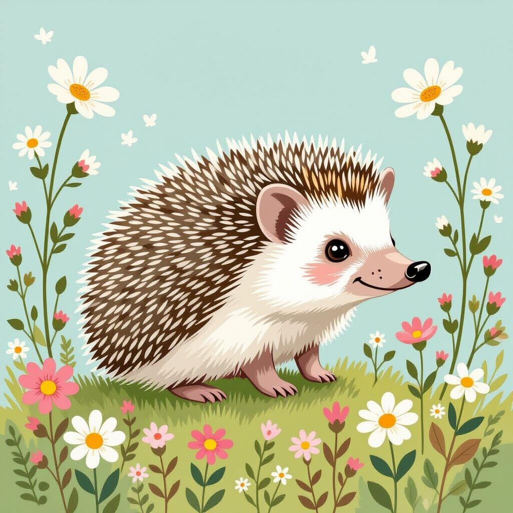 Hedgehog Outlined with Wildflowers in Children's Illustratio...