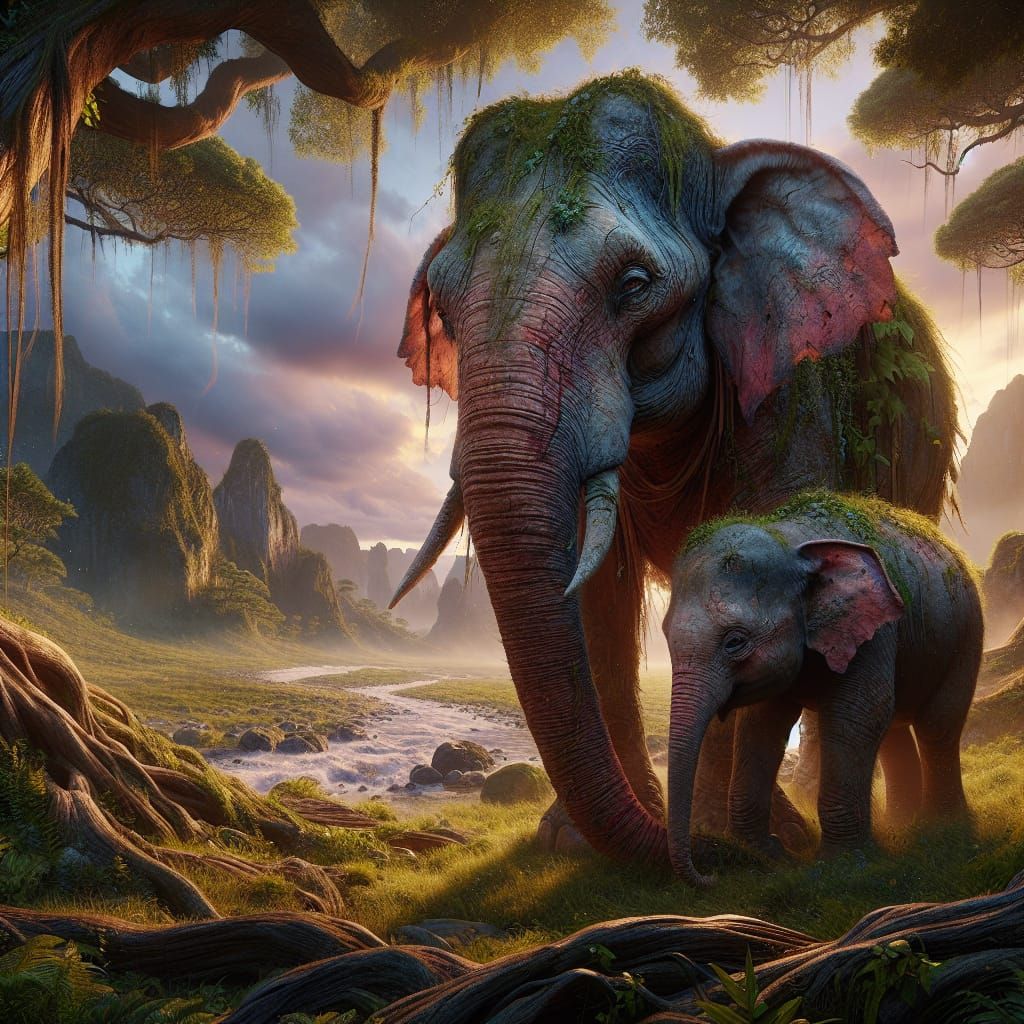 Protective Mother Elephant in Lush Savannah: Matte Painting
