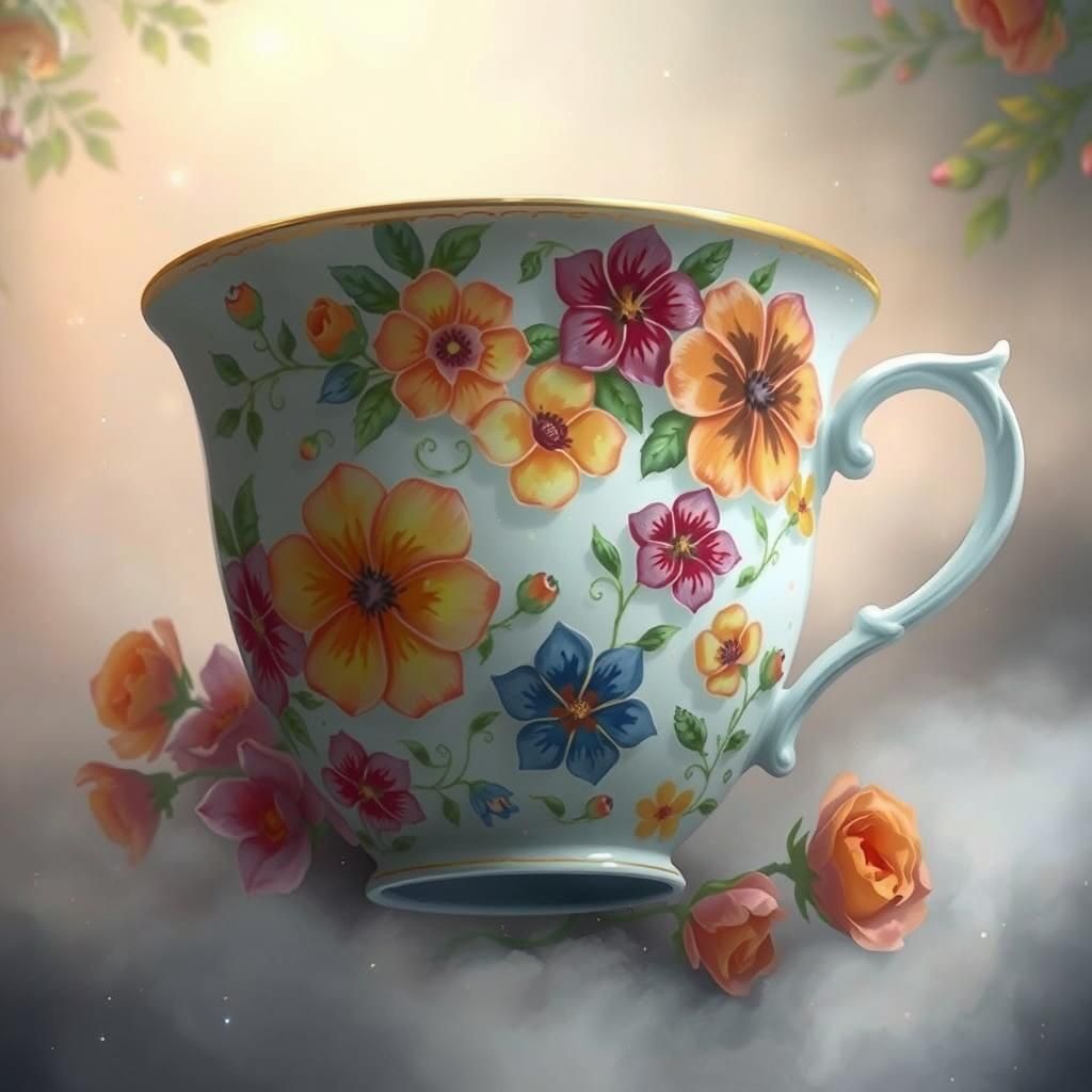 Ornate Cup with Summer Florals in Victorian Style
