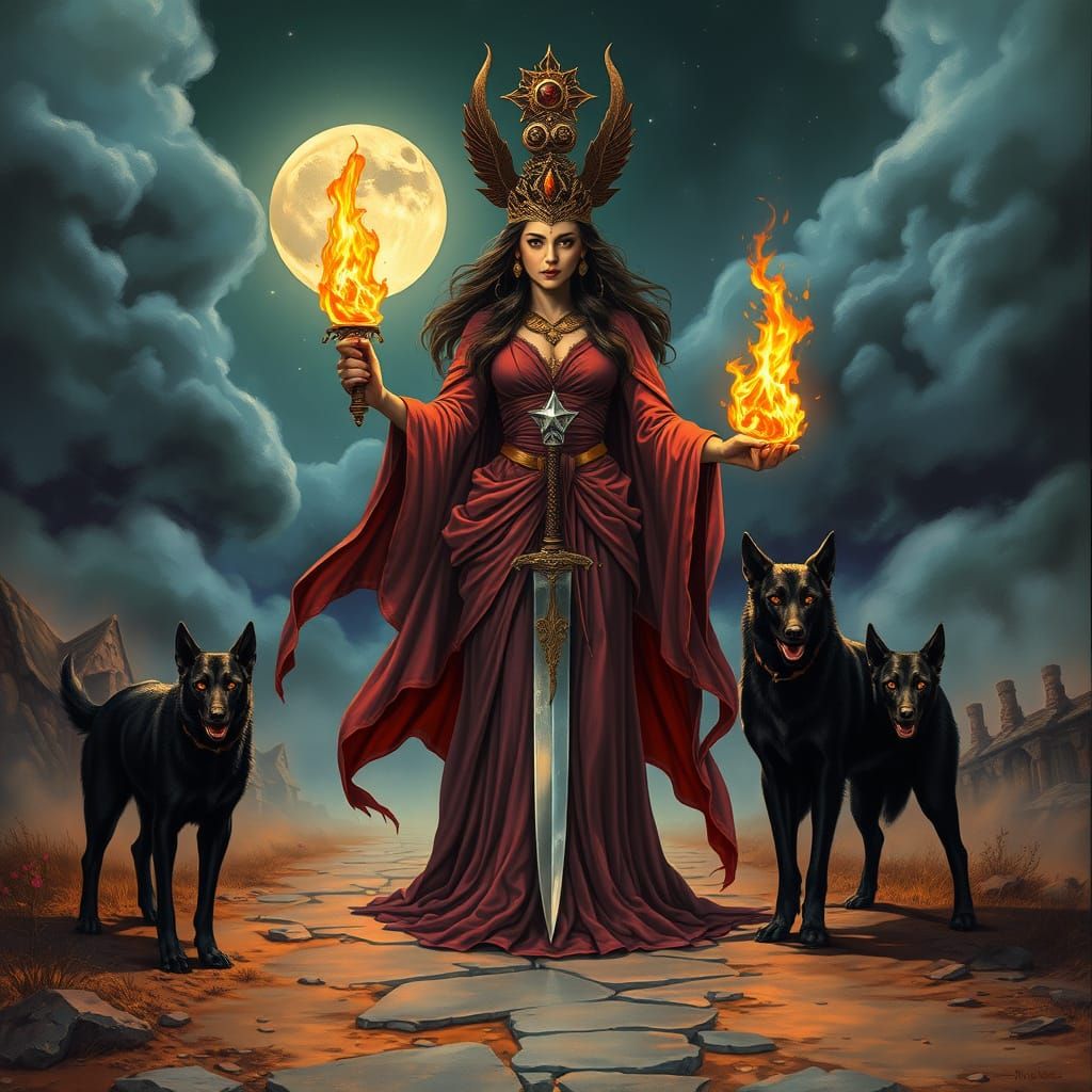 Moonlit Goddess at the Crossroads: A Dark Fantasy Scene