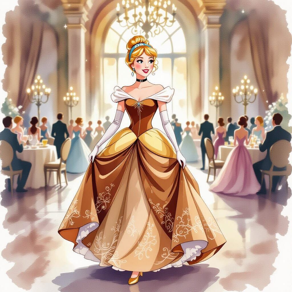 Cinderella in Brown Dress at Ballroom in Watercolor Style