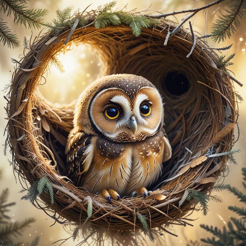 Whimsical Owlet in Misty Forest: Watercolor Illustration