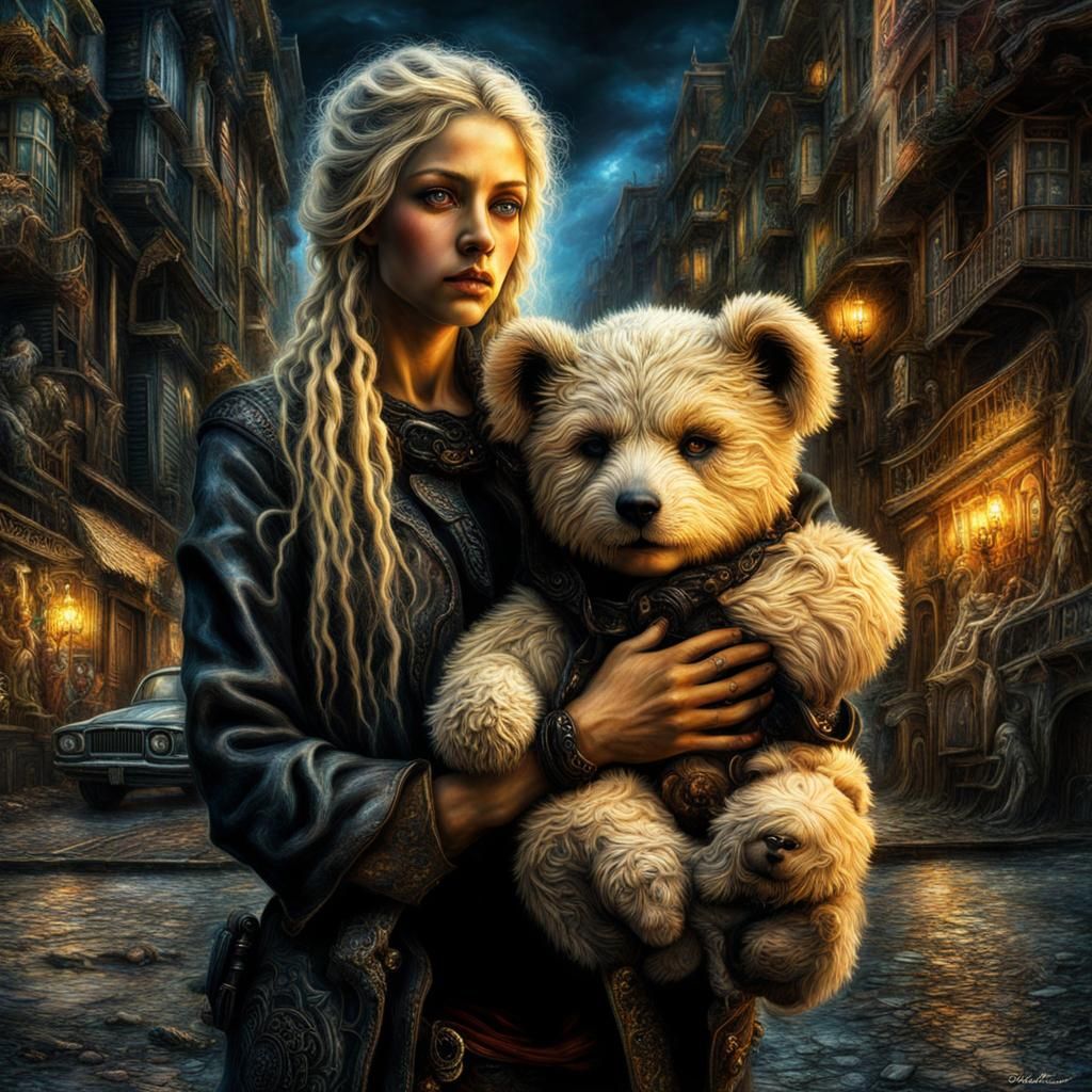 Post-Apocalyptic Woman with Teddy Bear in 3D