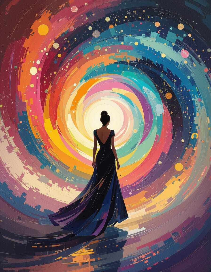 Elegant Figure Stepping into Colorful Vortex