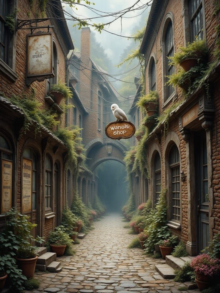 Enchanting Magic Alleyway with Wand Shop and Owl