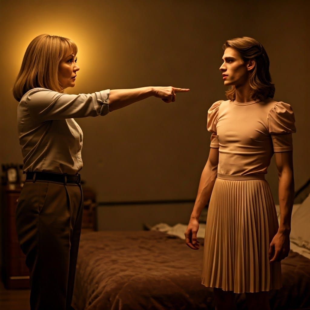 Angry Woman Confronts Youthful Man in Dramatic Boyish Bedroo...