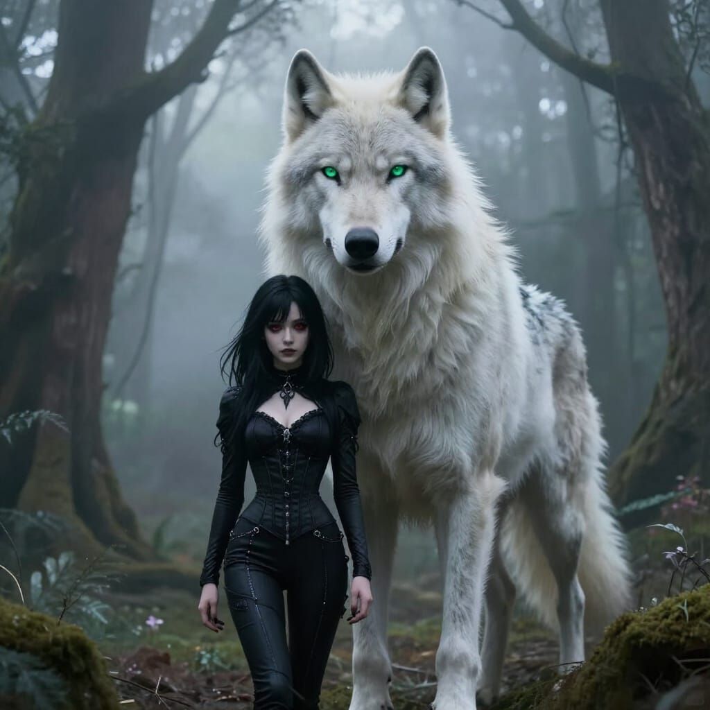 Werewolf and Gothic Girl in Enchanted Forest
