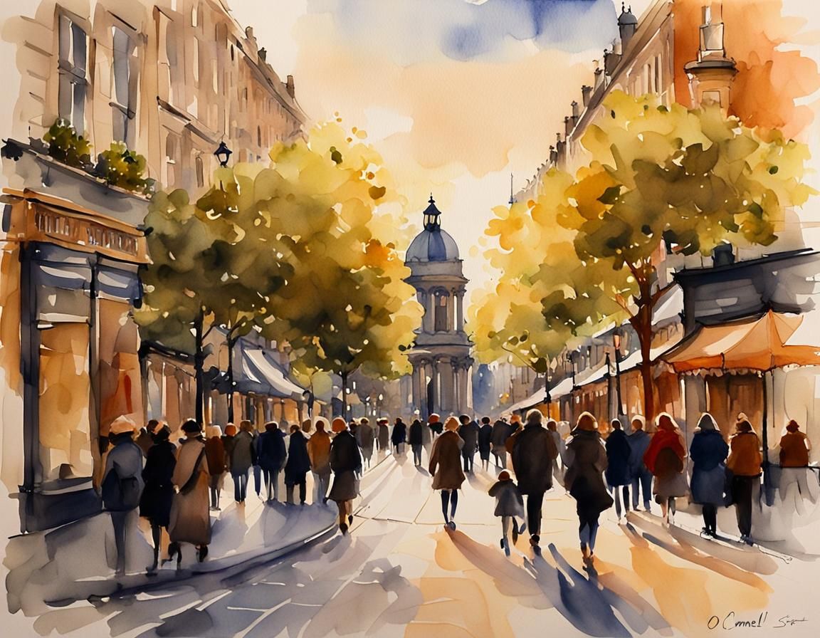 O'Connell Street, Dublin in Watercolor Style