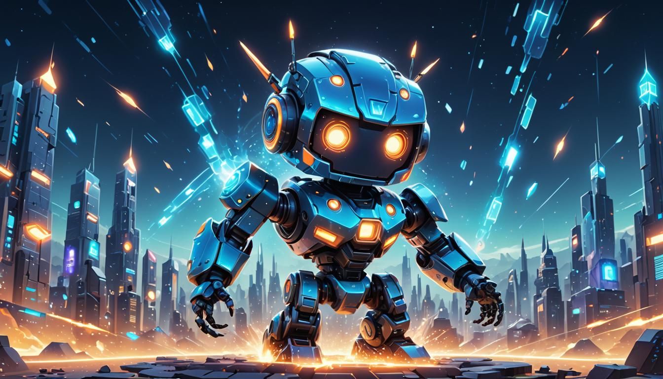 Cute Chibi Robot Radiating Blue Fire in Sci-Fi City