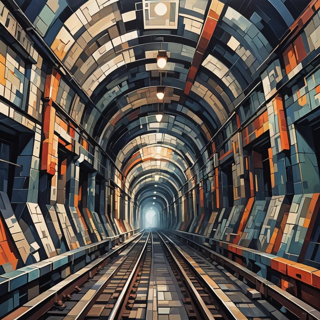 Foreboding Railway Tunnel in Cubist Art Deco Style