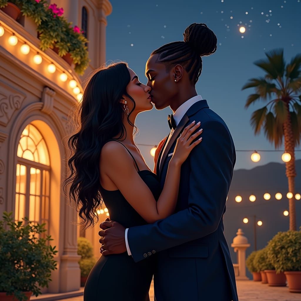 Passionate Kiss Under Starry Sky: Fantasy Concept Art