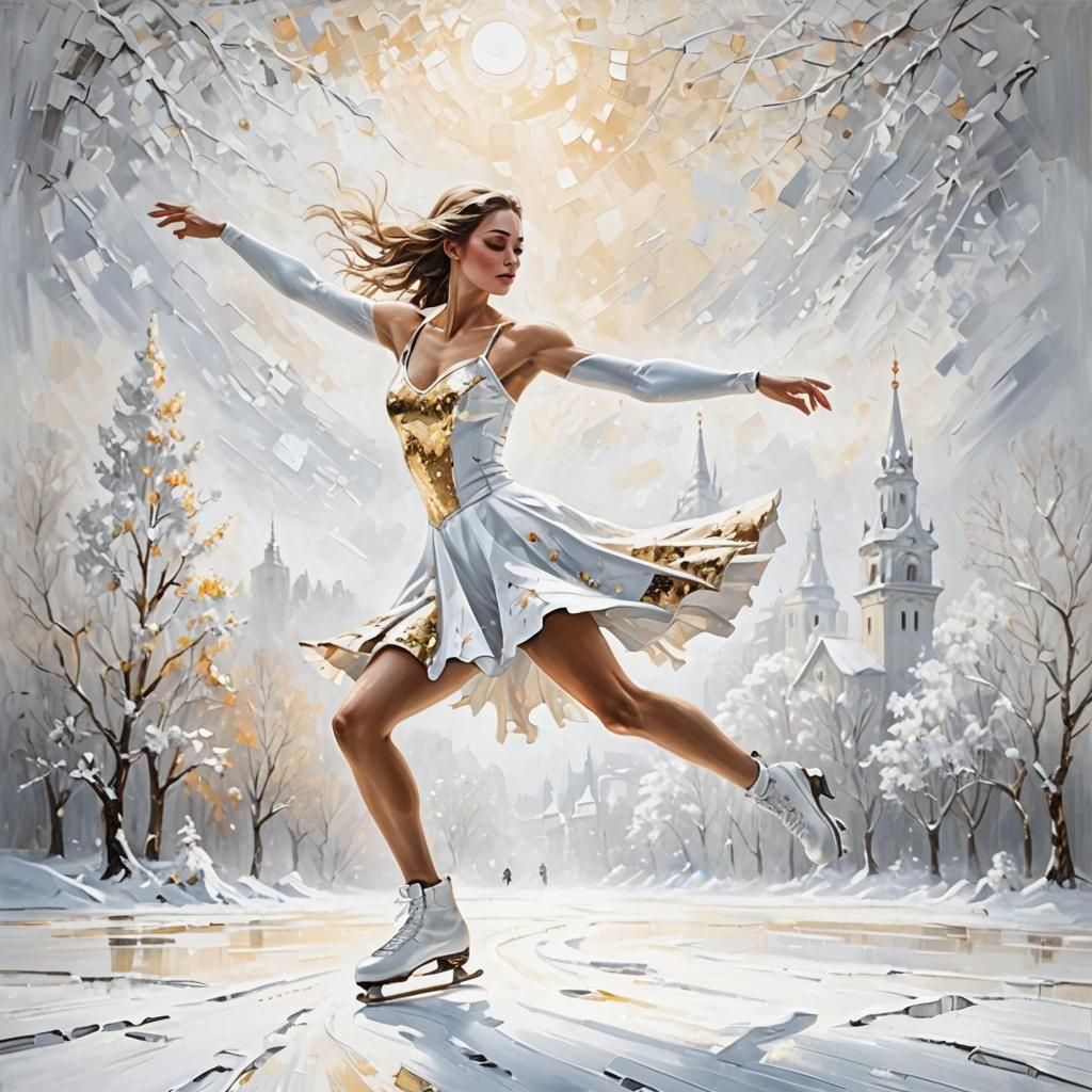 Graceful Skater in Winter Wonderland: Impasto Oil Painting