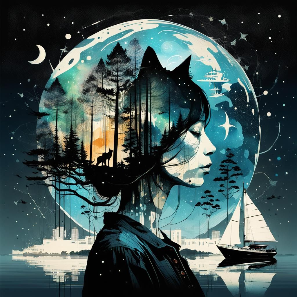 Galaxy Dripping into World with Cat Silhouette