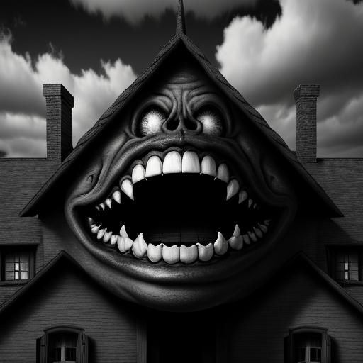 Surreal Black and White Photo of Woman Biting House