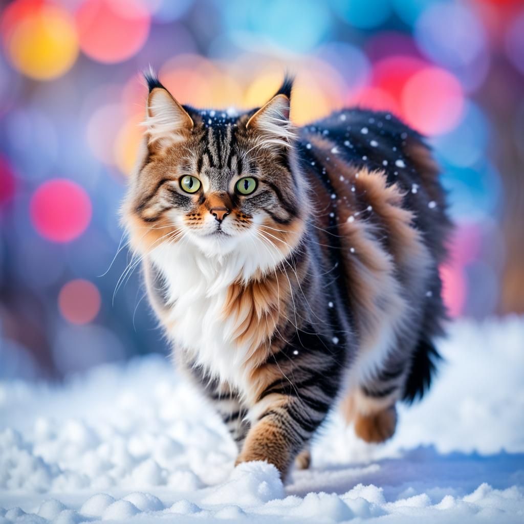 Fluffy Cat Walking in a Snowy Landscape