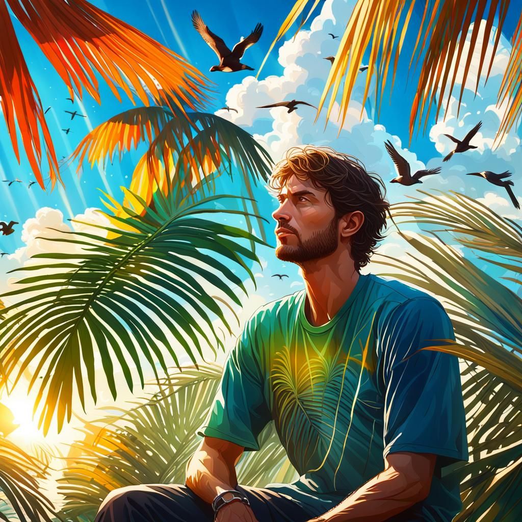 Boy in Giant Palms: Art Nouveau Digital Art