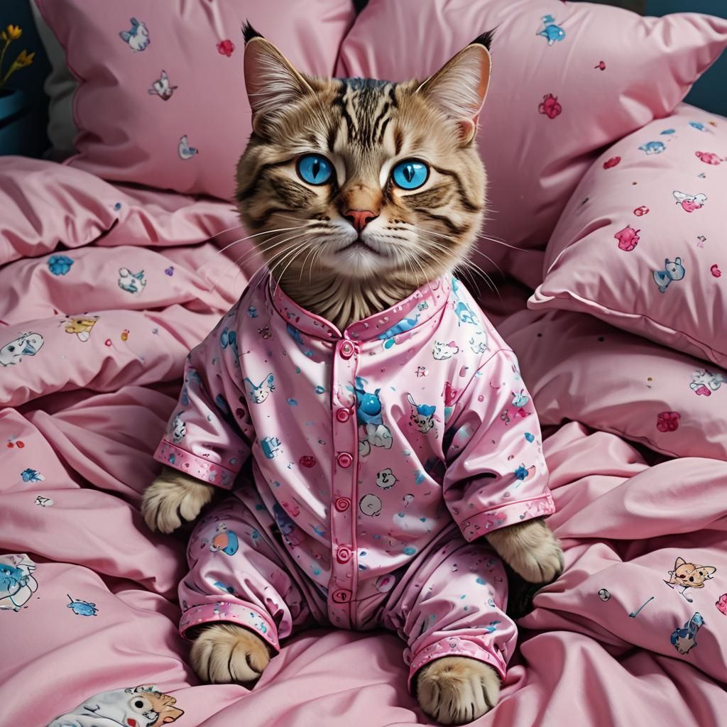 cute cat with blue eyes dressed in pink cat pajamas,!!