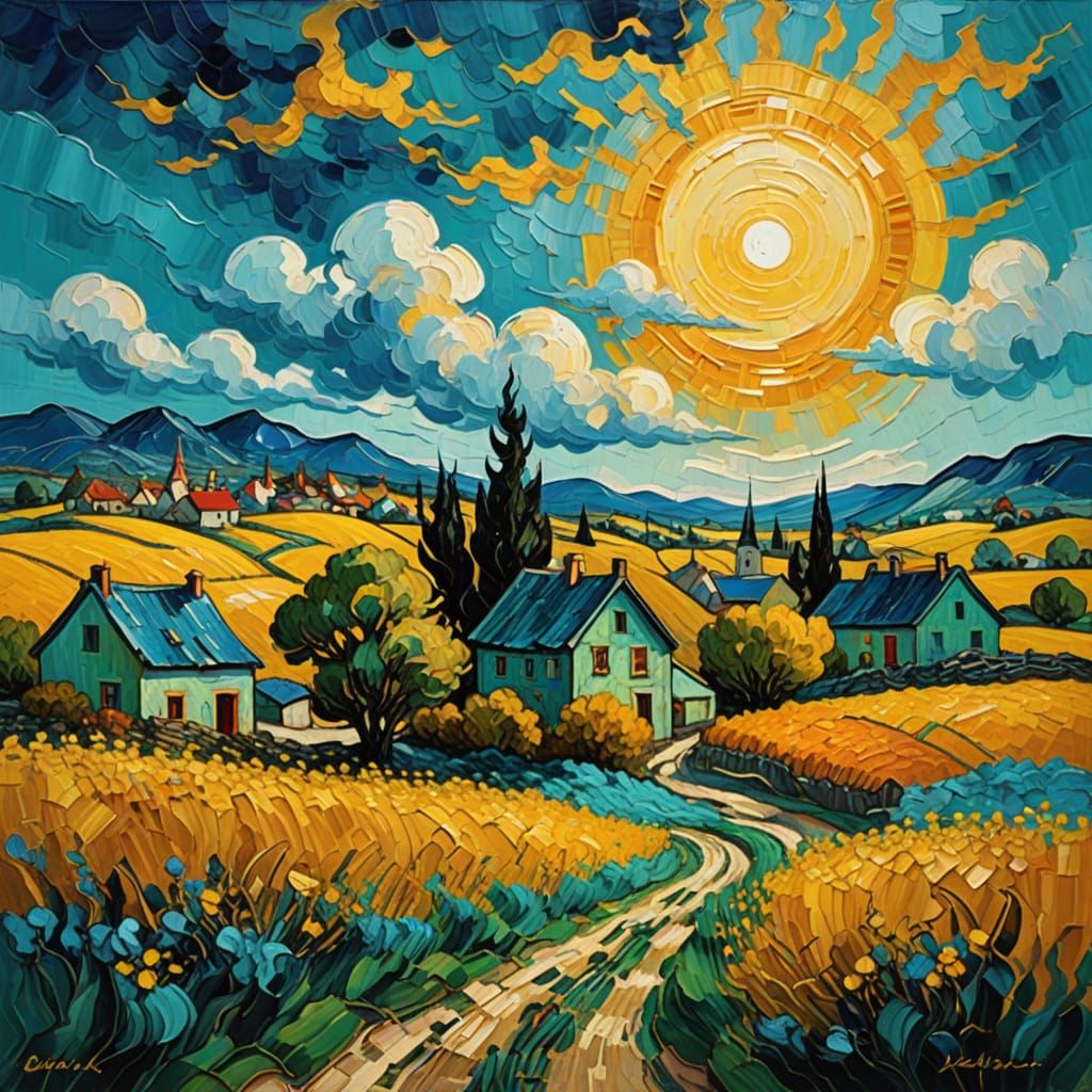 Vibrant Village Beneath Turbulent Skies in Post-Impressionis...