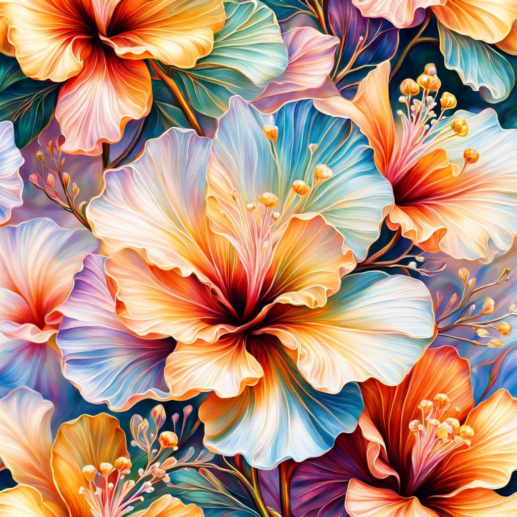 Crystal Hibiscus Flowers in Hyperrealistic Oil Painting