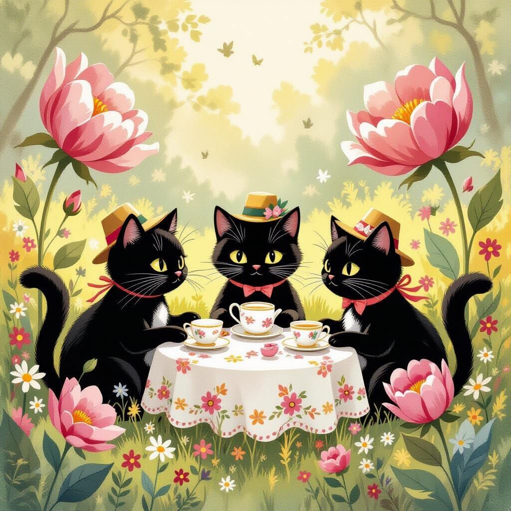 Whimsical Cat Tea Party in Fantastical Meadow