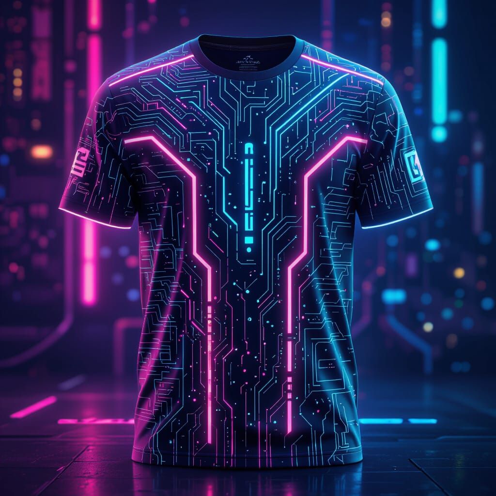 Futuristic T-Shirt Design with Neon Circuit Accents