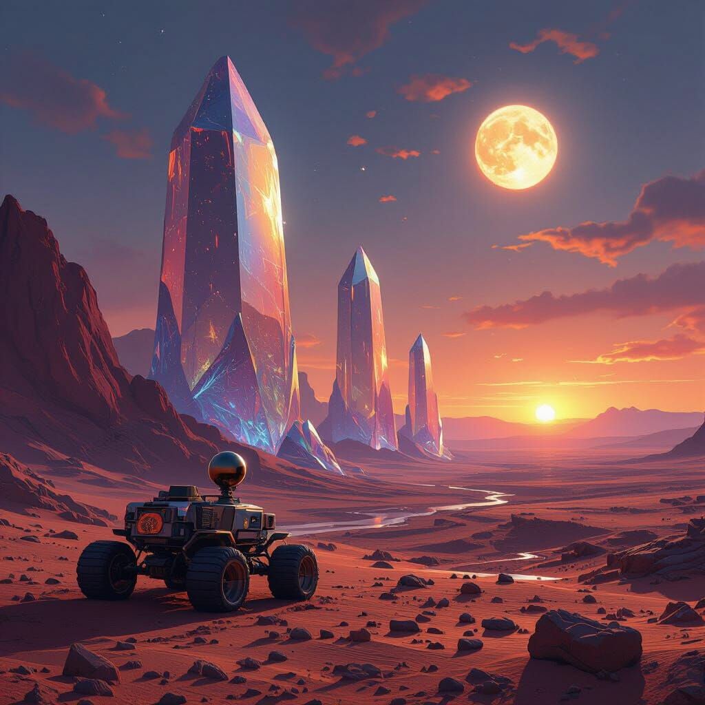 Martian Desert at Dusk with Crystal Monoliths and Rover