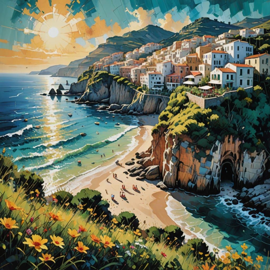 Expressive Beachscape in Vibrant Mediterranean Colors