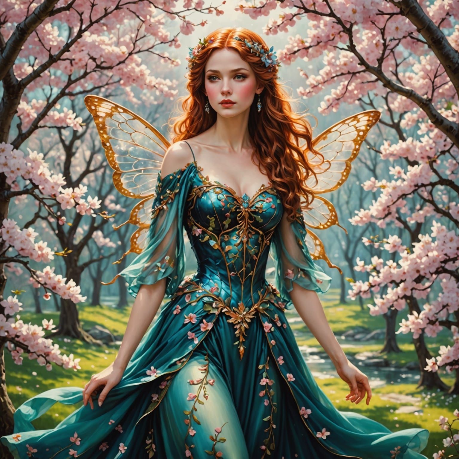 Auburn Fairy Amidst Cherry Blossoms in Impressive Detail
