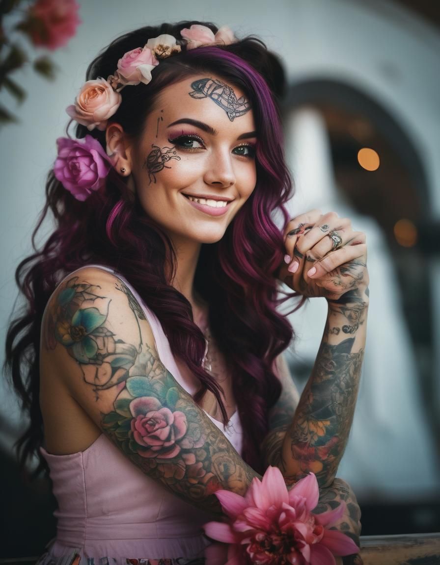 Portrait of Smiling Tattooed Girl in Pink Dress