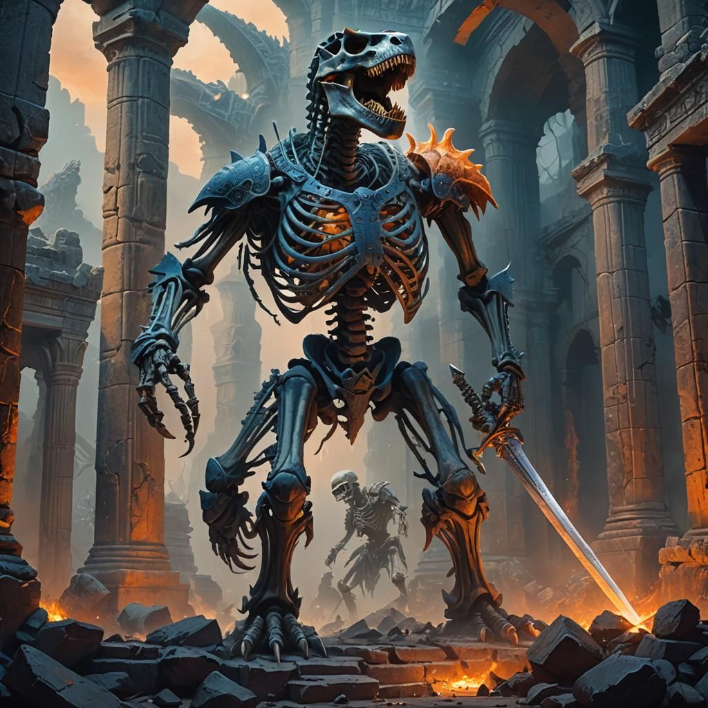 Skeleton Fight in Ancient Ruins: Fantasy Concept Art