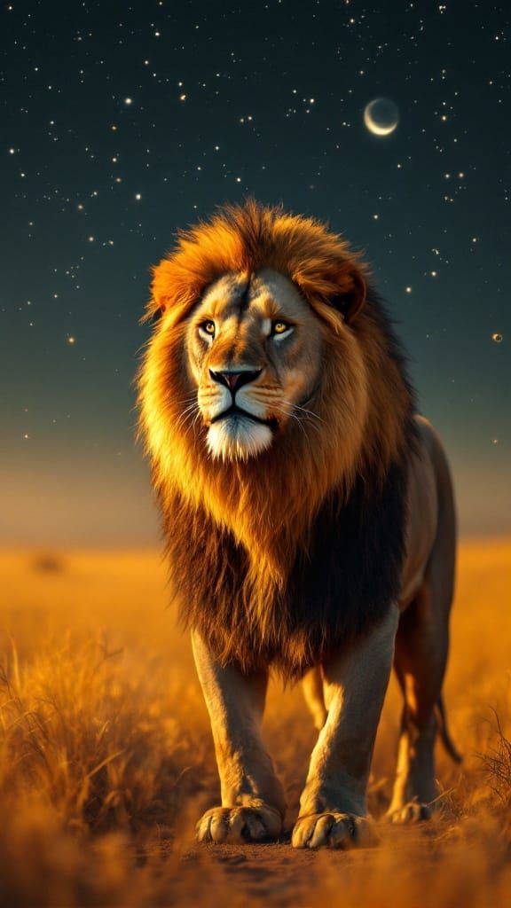 Regal Lion Under the Leo Constellation on a Starry African N...