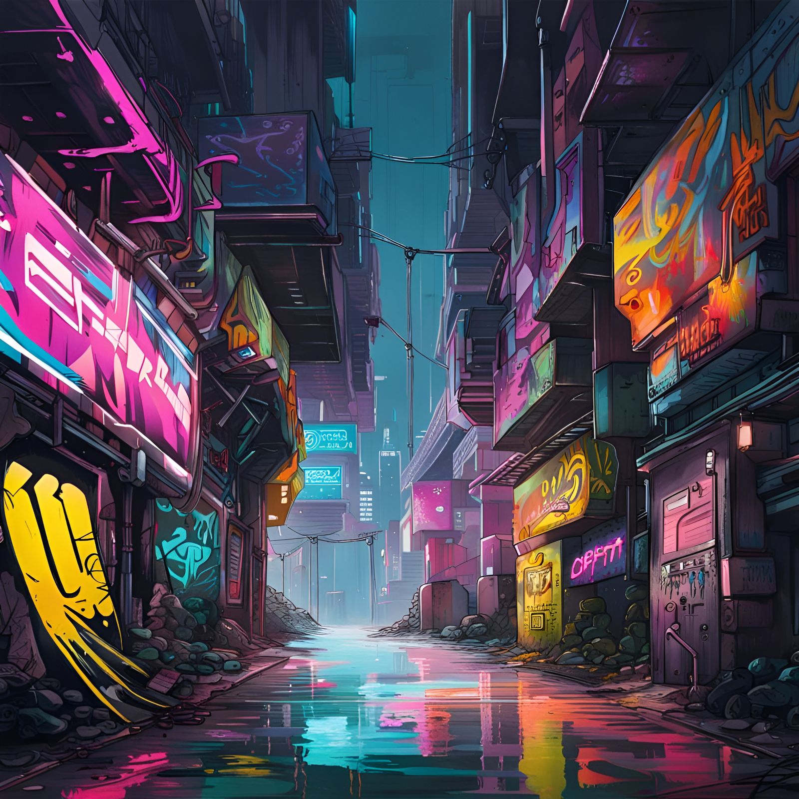 Cyberpunk Park Scene with Graffiti Art