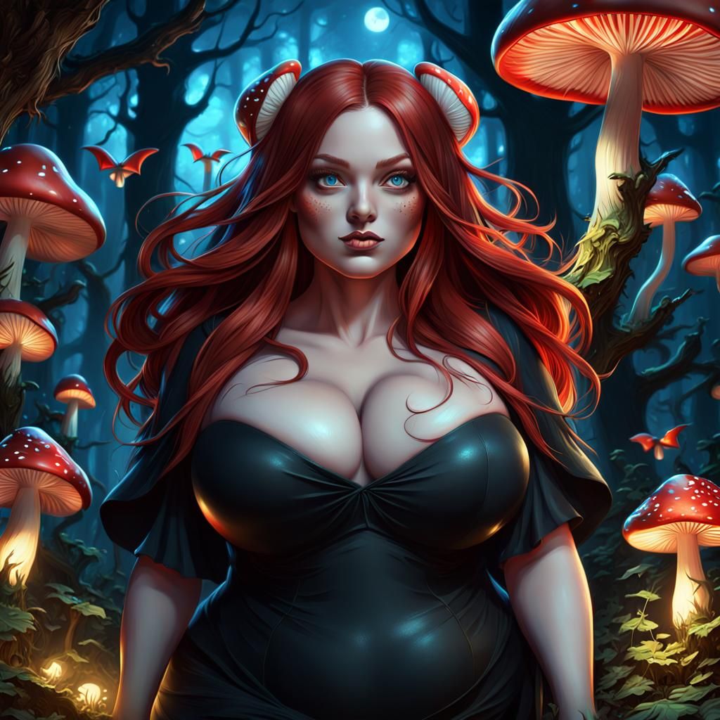 Mushroom Woman in Dark Fantasy Forest, Anime Style