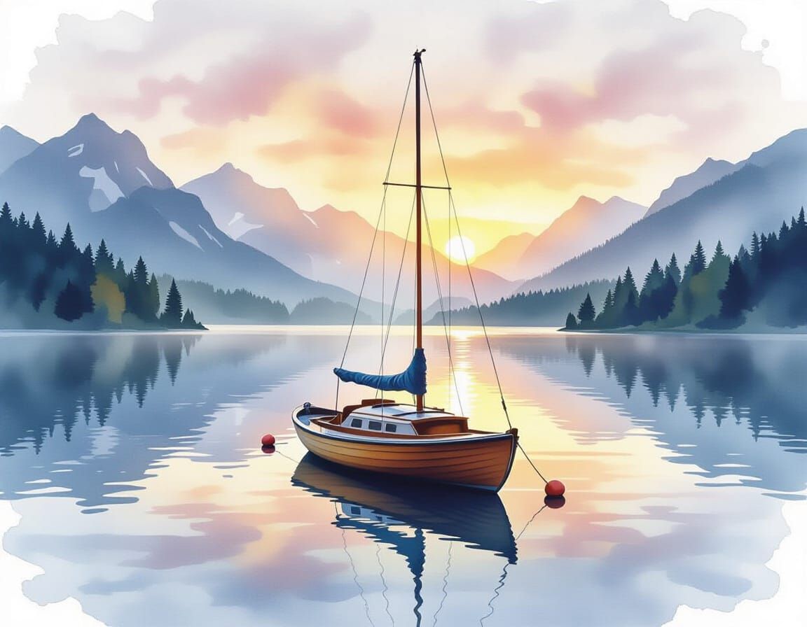 Sailboat on Alpine Lake at Dawn Watercolor