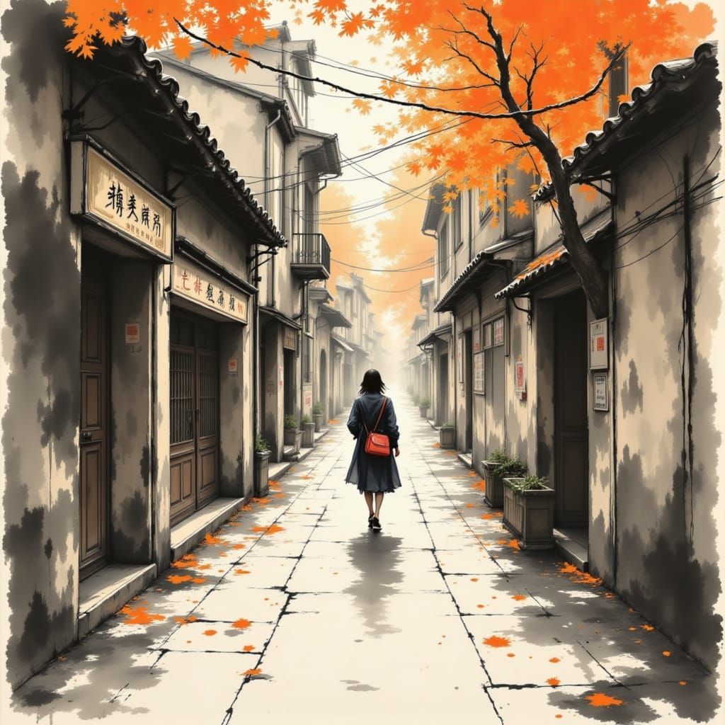 Woman Walking on Quiet Street in Ink Brush Style