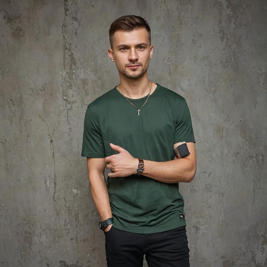 Portrait of Slavic Man with Green Shirt, Photorealistic
