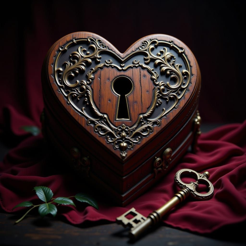 Heart Shaped Box with Ornate Keyhole and Antique Key