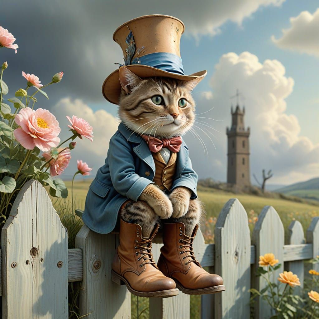 Whimsical Cat in Boots Watercolor Painting