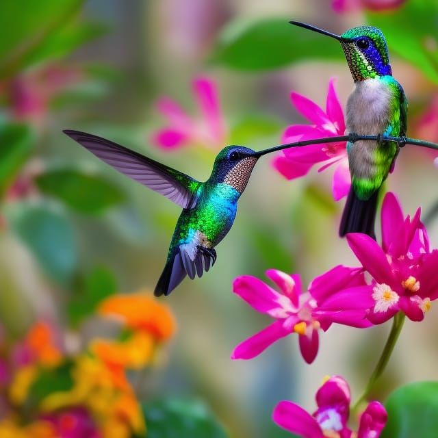 Iridescent Hummingbird Amidst Tropical Flowers: Photography