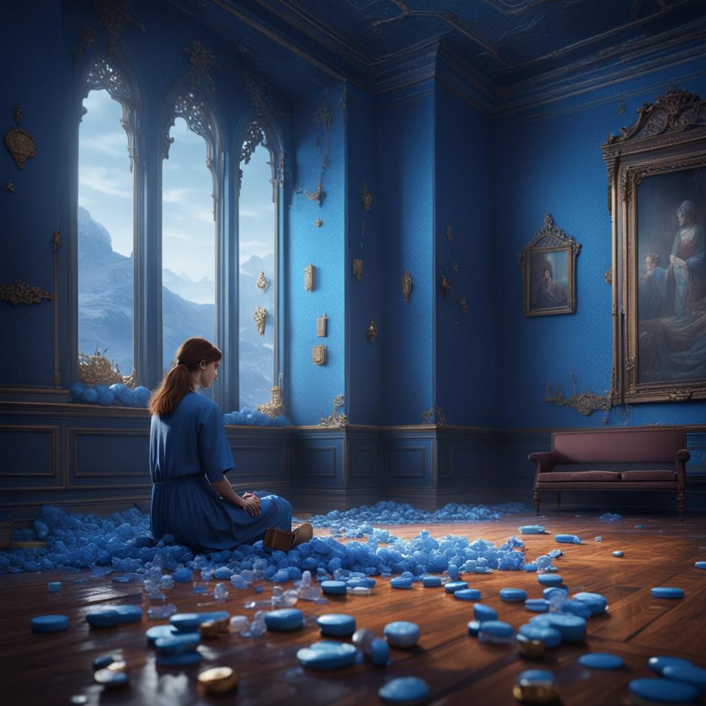 A empty blue room. A woman sat on the floor looking sad, med...