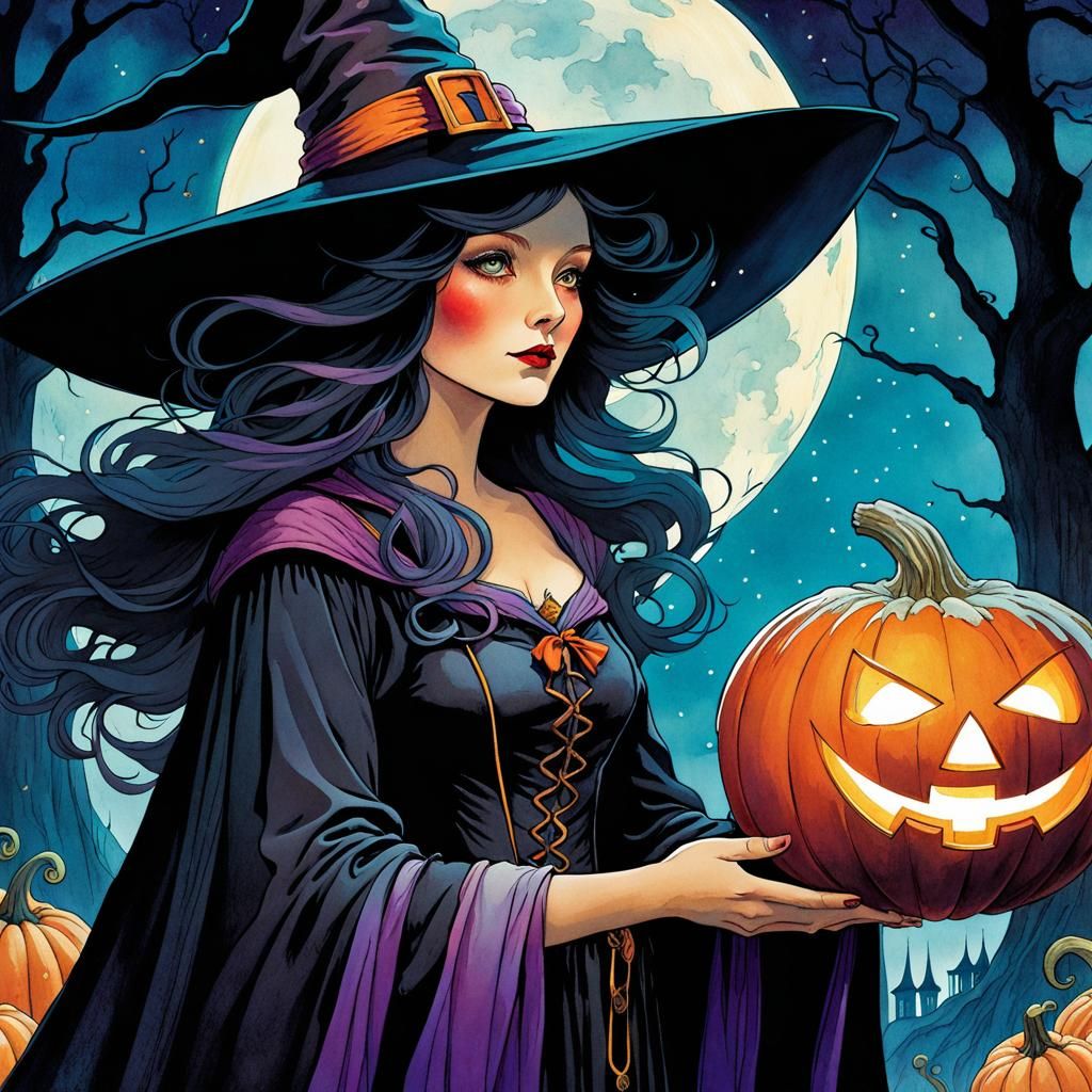 Charming Halloween Witch Storybook Illustration