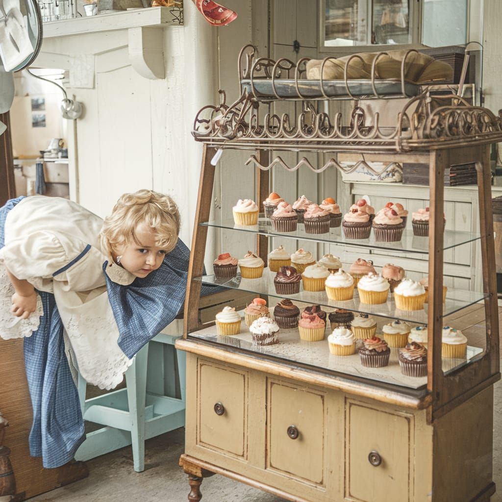 Child in 1930s Clothing Stares at Cupcakes
