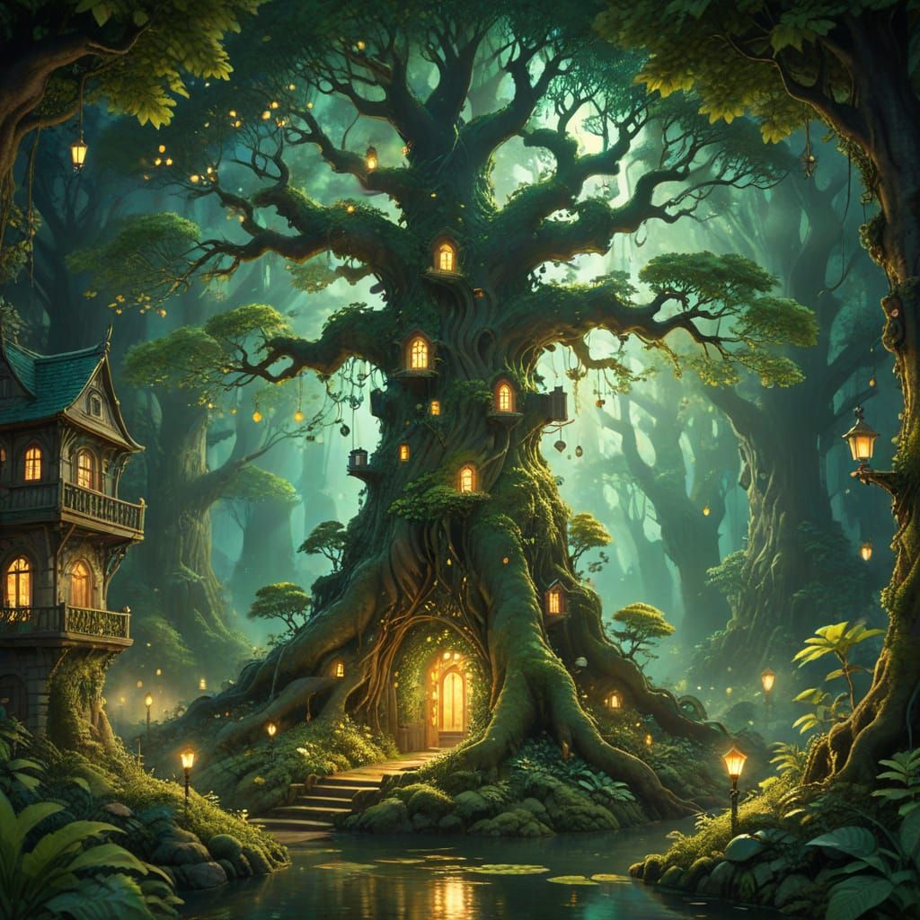 Majestic Tree of Worlds with Glowing Cities