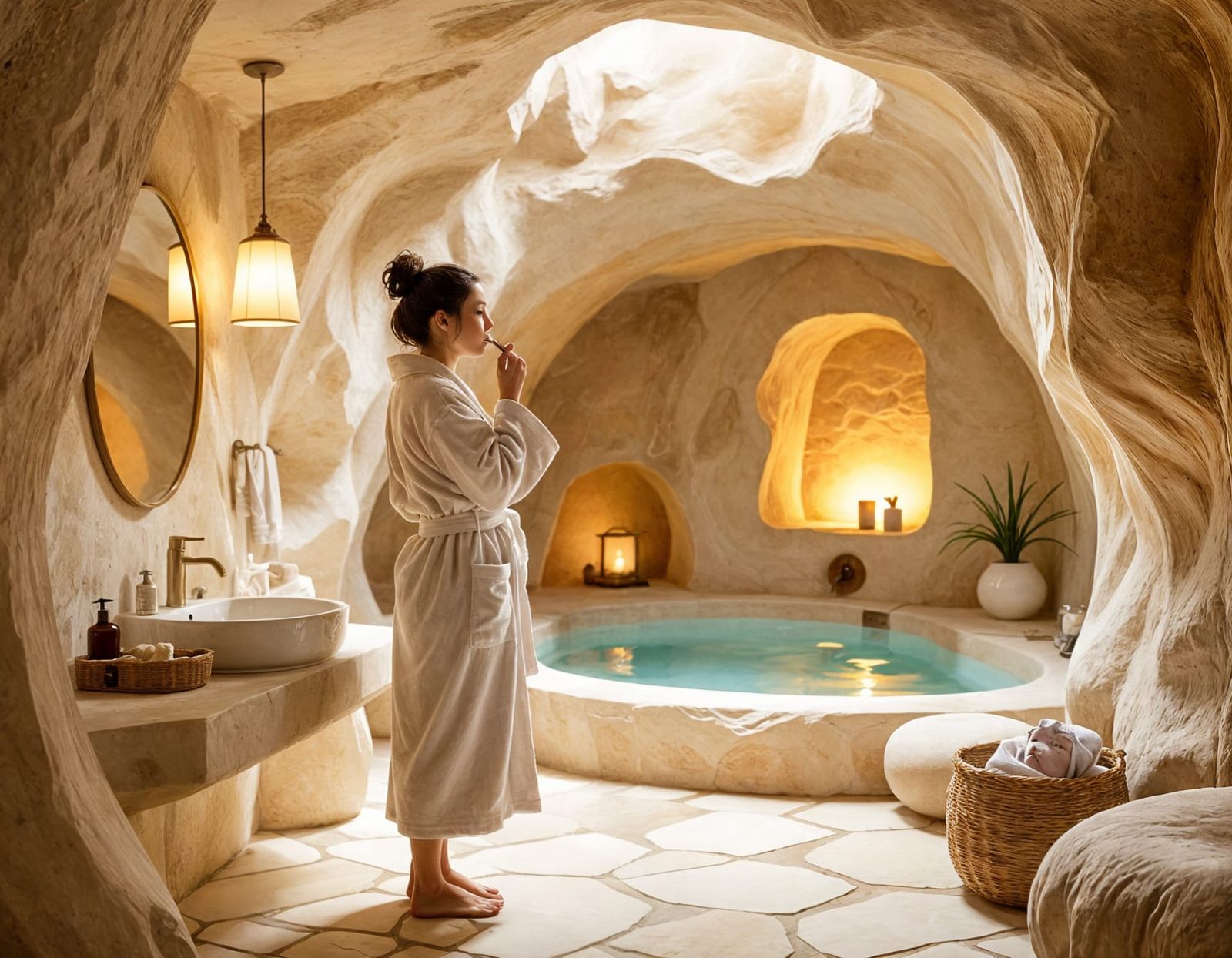 Woman Brushing Teeth in Wabi-Sabi Cave Bathroom