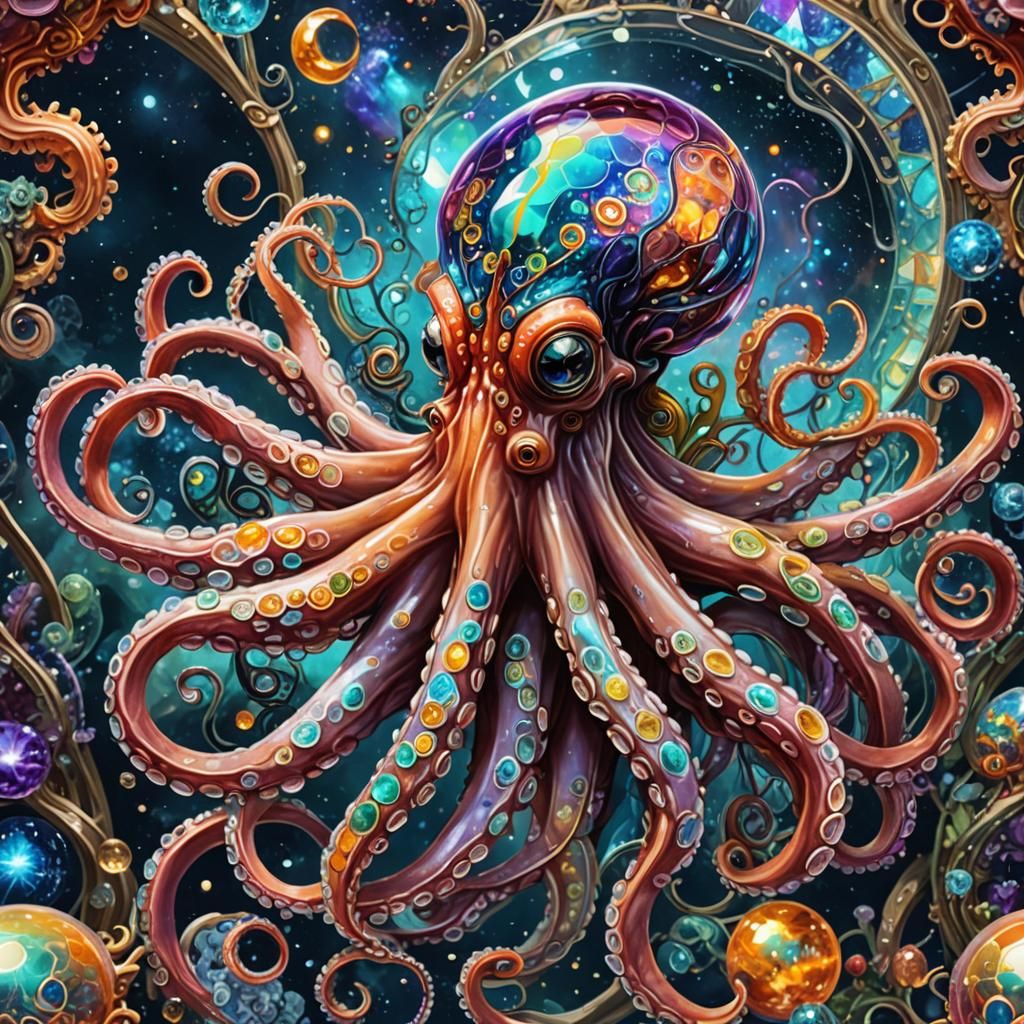 Glass Octopus in Cosmic Astral Hologram Style