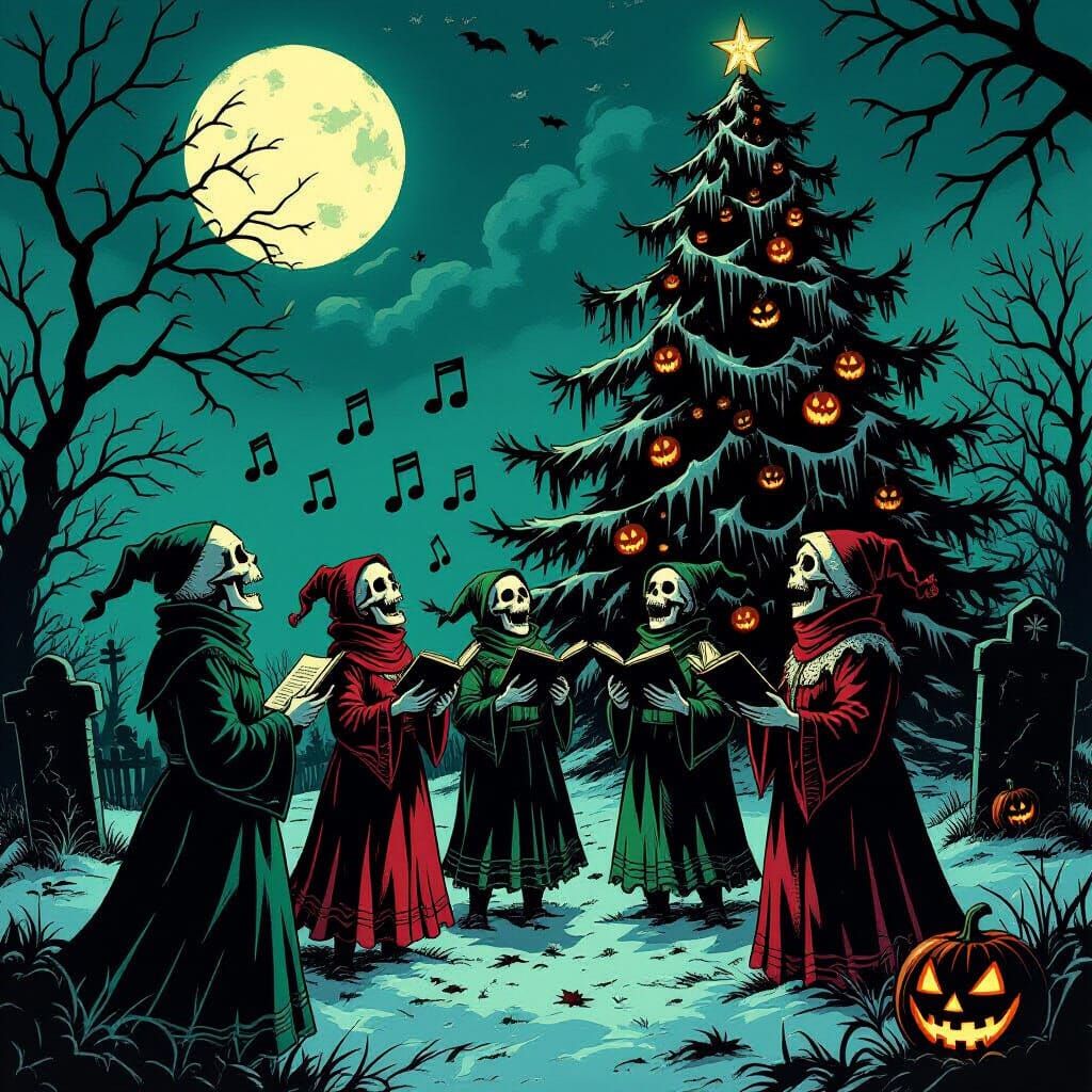 Gothic Undead Carolers in Moonlit Graveyard